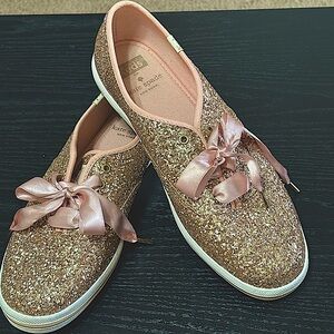 Kate Spade For Keds Gold Sparkle Pink Sneakers . Satin Laces,  Woman’s Size 8.5